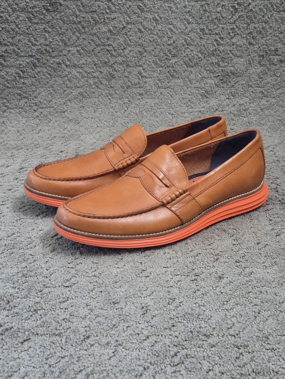 Cole Haan Men's Tan Leather Penny Loafers with Orange Sole